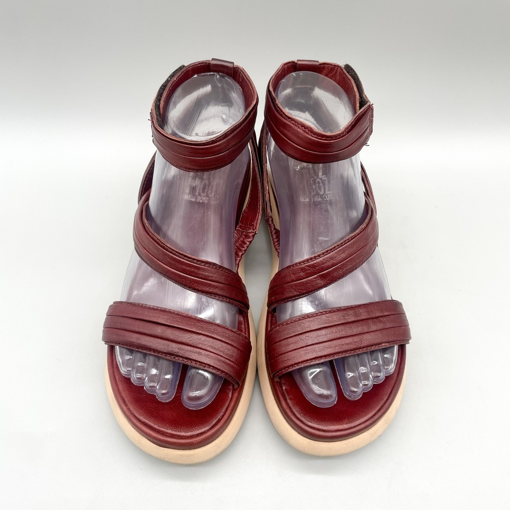 Miz Mooz Womens 38 Strappy Platform Sandals Burgundy Leather Wedge Chunky Boho - Picture 3 of 11